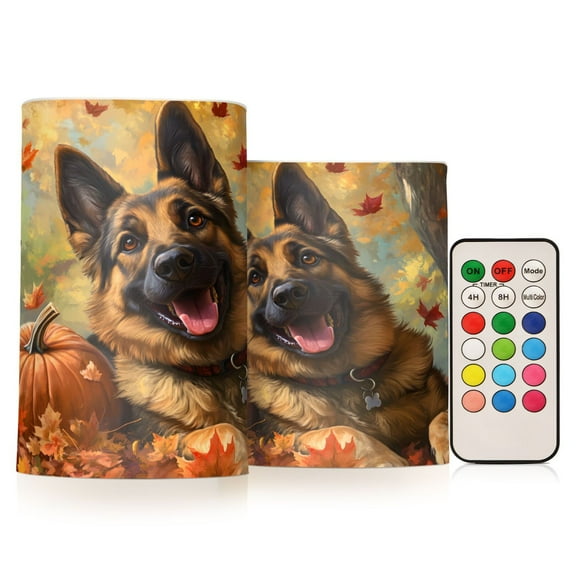 ALAZA Autumn Fall Dog and Pumpkin 2 PCs LED Flickering Flameless Candles with Remote Timer Battery Operated Candle