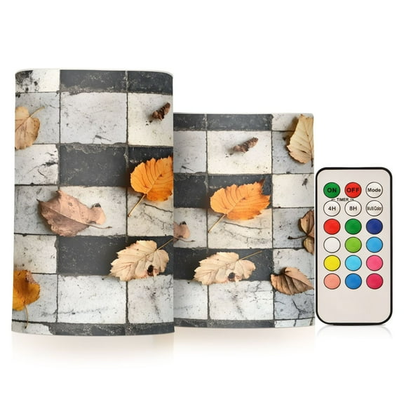 ALAZA Autumn Falling Leave on Checkered 2 PCs LED Flickering Flameless Candles with Remote Timer Battery Operated Candle