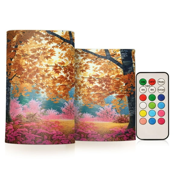 ALAZA Autumn Maple Leaf Forest 2 PCs LED Flickering Flameless Candles with Remote Timer Battery Operated Candle