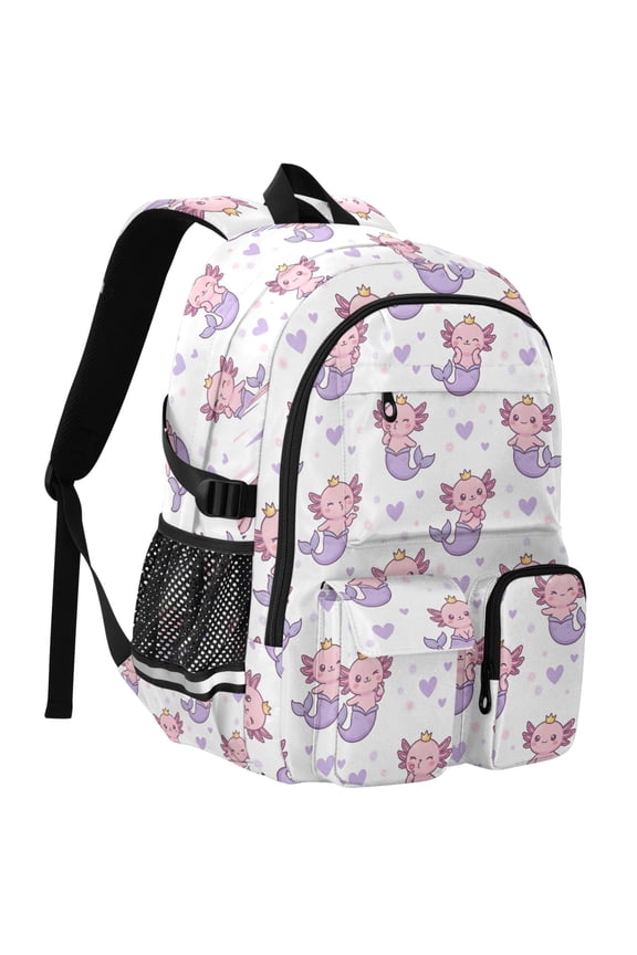 Axolotl Mermaid Print Student Backpack School Bookbag Large Laptop Daypack Travel Bag