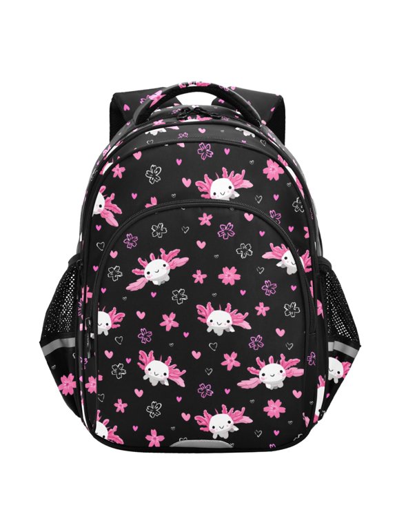 Axolotl Pink Flower School Backpack Elementary Bag Student Bookbag Travel Rucksack