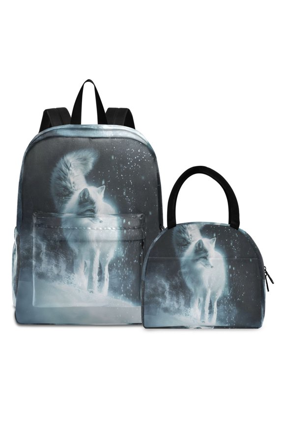 Backpack Set A Cool Fox in Winter Elementary School Bags Student BookBag with Lunch Bag