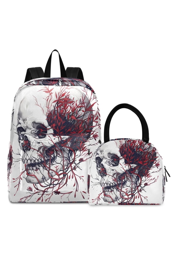 Backpack Set Abstract Skull and Tree Root Elementary School Bags Student BookBag with Lunch Bag