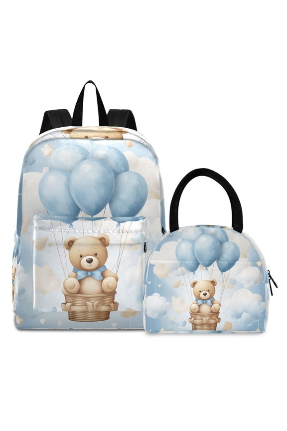 Backpack Set Bear Balloon in Clouds Elementary School Bags Student BookBag with Lunch Bag