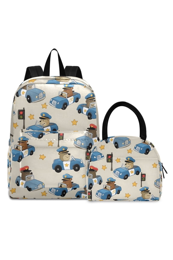 Backpack Set Bear Driving Car Elementary School Bags Student BookBag with Lunch Bag