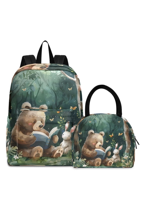 Backpack Set Bear Reading Elementary School Bags Student BookBag with Lunch Bag
