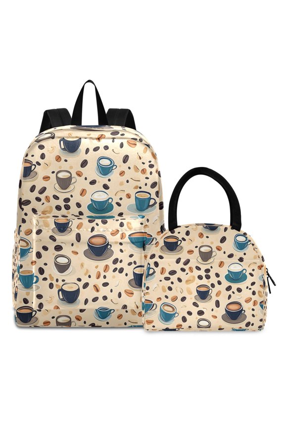 Backpack Set Blue Coffee Beans Cups Elementary School Bags Student BookBag with Lunch Bag