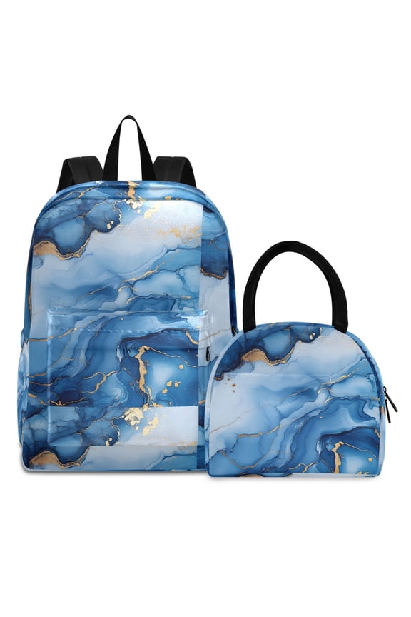 Backpack Set Blue Golden Marble Elementary School Bags Student BookBag with Lunch Bag