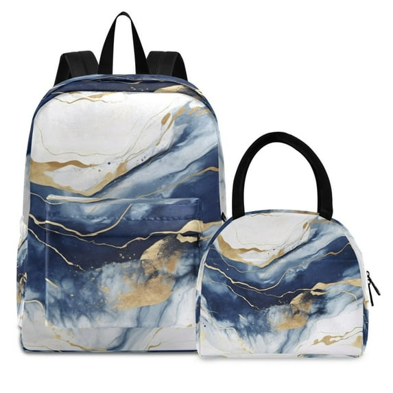 ALAZA Backpack Set Blue Marble with Gold Elementary School Bags Student BookBag with Lunch Bag