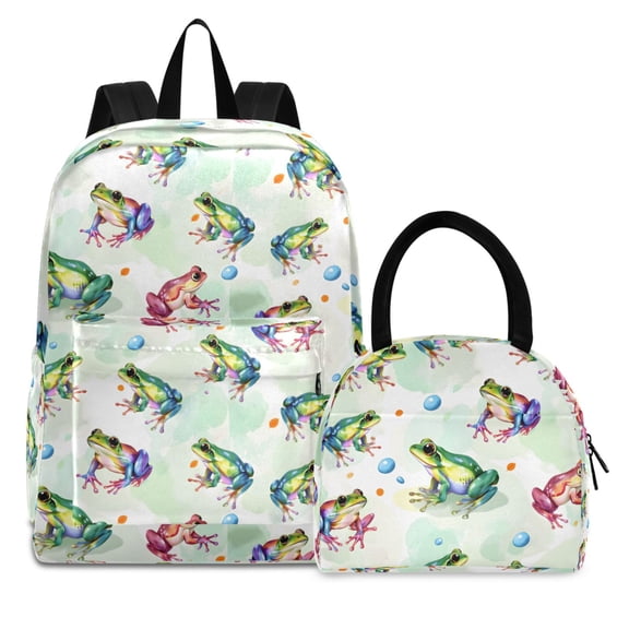 ALAZA Backpack Set Cartoon Frogs Green Elementary School Bags Student BookBag with Lunch Bag