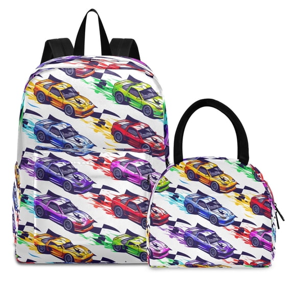 ALAZA Backpack Set Cartoon Race Cars Elementary School Bags Student BookBag with Lunch Bag