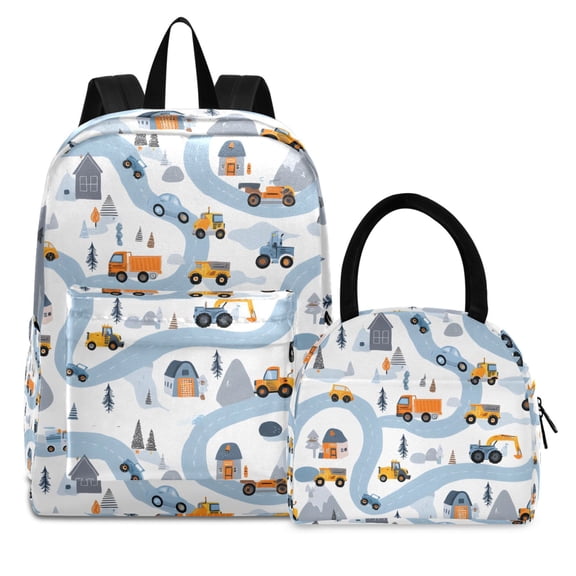 ALAZA Backpack Set Cartoon Trucks Vehicle-t1 Elementary School Bags Student BookBag with Lunch Bag
