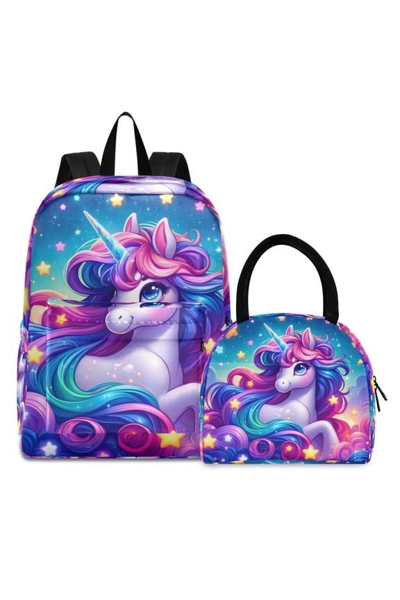 Backpack Set Cartoon Unicorn Rainbow Stars Elementary School Bags Student BookBag with Lunch Bag