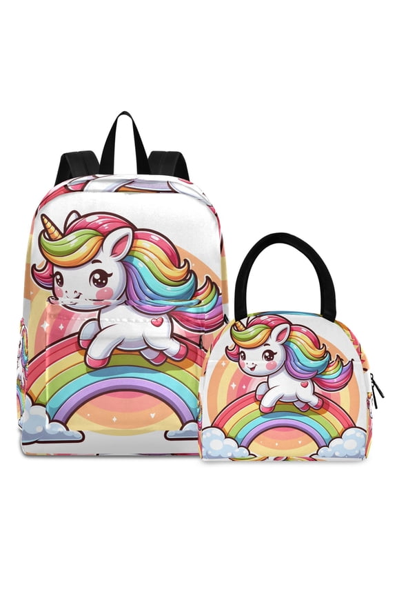 Backpack Set Cartoon Unicorn on Rainbow Elementary School Bags Student BookBag with Lunch Bag