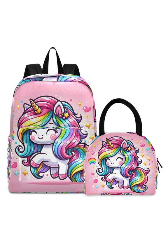 Backpack Set Cute Cartoon Rainbow Unicorn Elementary School Bags Student BookBag with Lunch Bag