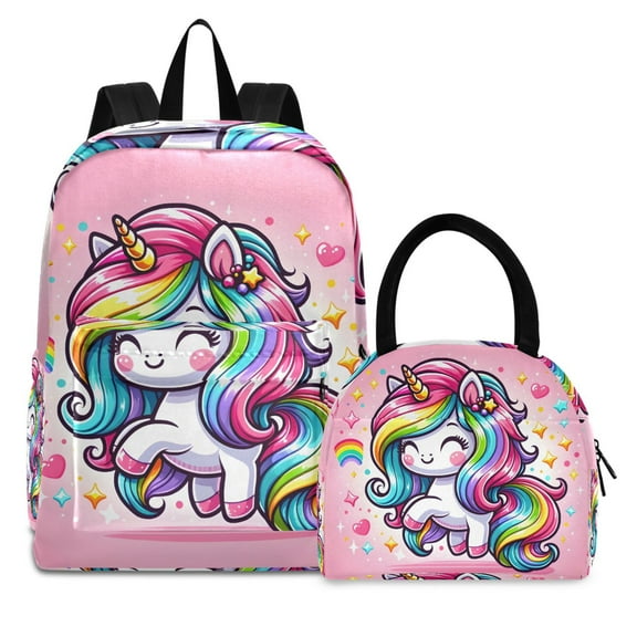 ALAZA Backpack Set Cute Cartoon Rainbow Unicorn Elementary School Bags Student BookBag with Lunch Bag