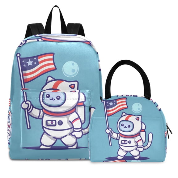 ALAZA Backpack Set Cute Cat Astronaut Elementary School Bags Student BookBag with Lunch Bag