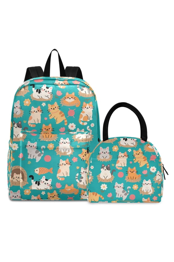 Backpack Set Cute Cats Cartoon Elementary School Bags Student BookBag with Lunch Bag