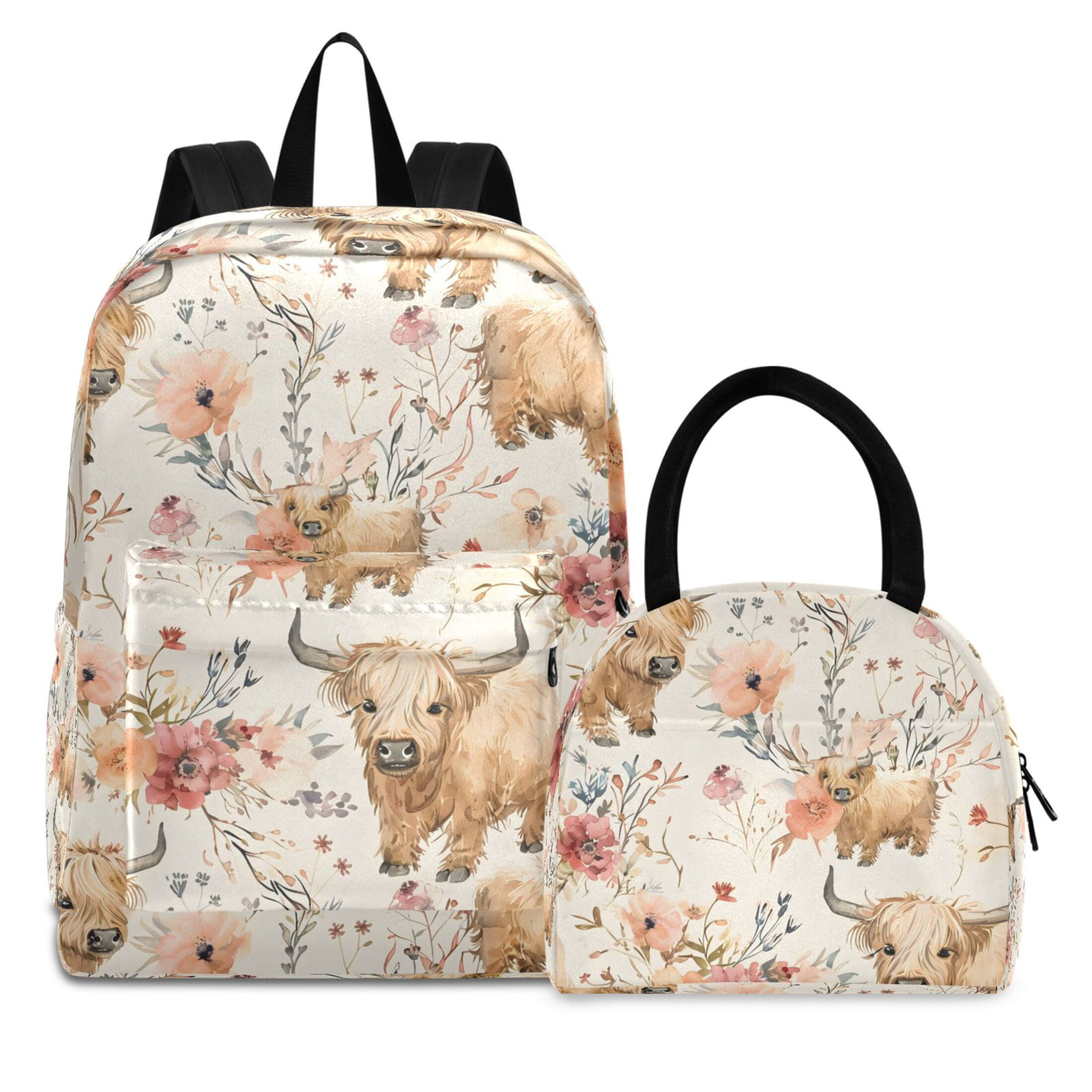 ALAZA Backpack Set Cute Highland Cows Elementary School Bags Student BookBag with Lunch Bag