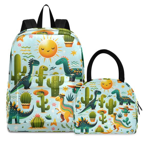 ALAZA Backpack Set Dinosaur and Cactus Elementary School Bags Student BookBag with Lunch Bag