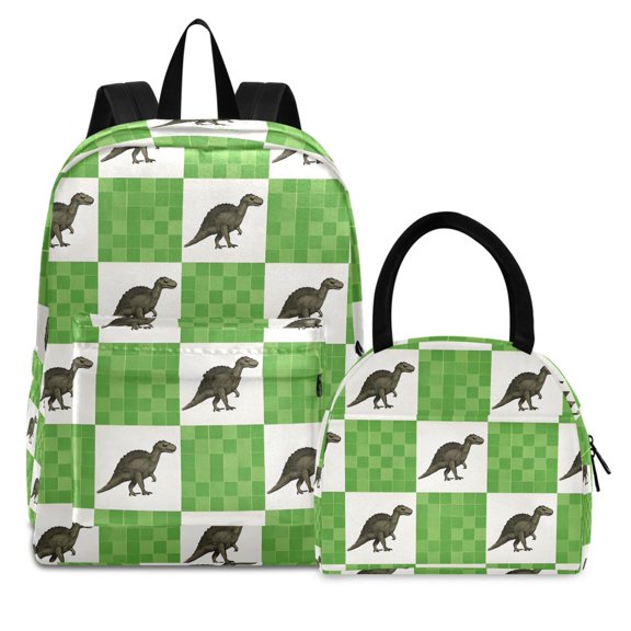 ALAZA Backpack Set Dinosaur in Checkered Elementary School Bags Student BookBag with Lunch Bag