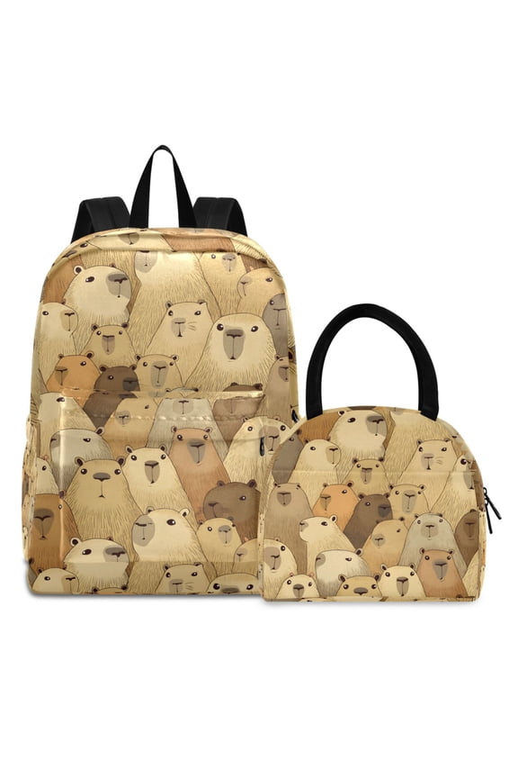Backpack Set Doodle Capybara Elementary School Bags Student BookBag with Lunch Bag