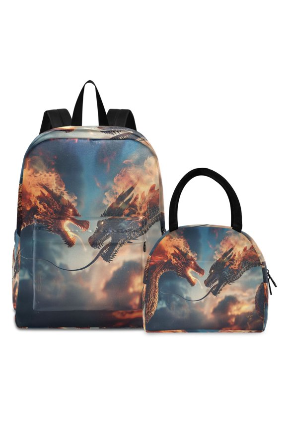 Backpack Set Dragons Fire in The Sky Elementary School Bags Student BookBag with Lunch Bag