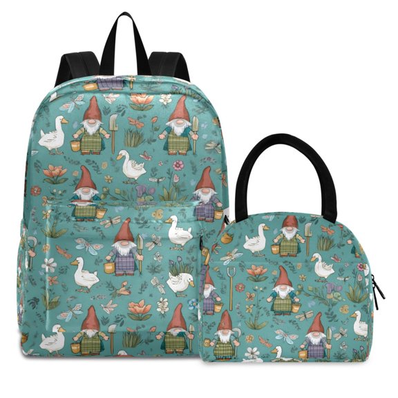 ALAZA Backpack Set Ducks Dragonfly Gnomes Elementary School Bags Student BookBag with Lunch Bag