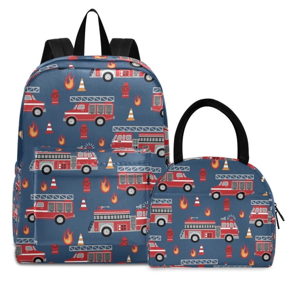 ALAZA Backpack Set Fire Trucks Elementary School Bags Student BookBag with Lunch Bag