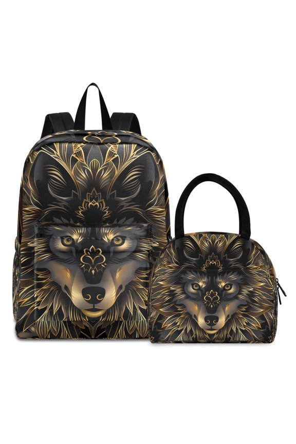 Backpack Set Golden Boho Wolf Elementary School Bags Student BookBag with Lunch Bag