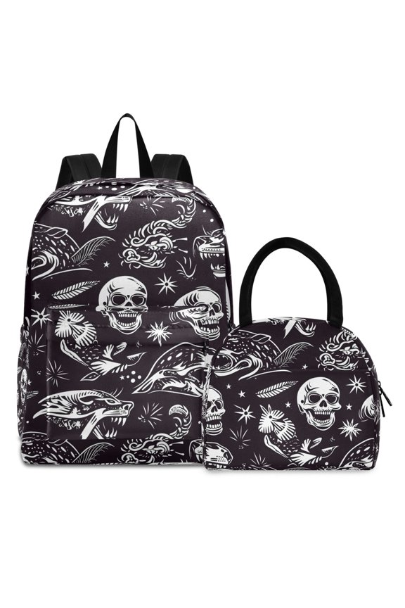 Backpack Set Goth Skeletons Elementary School Bags Student BookBag with Lunch Bag