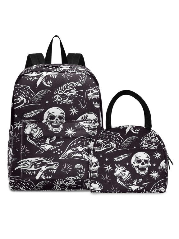 Backpack Set Goth Skeletons Elementary School Bags Student BookBag with Lunch Bag