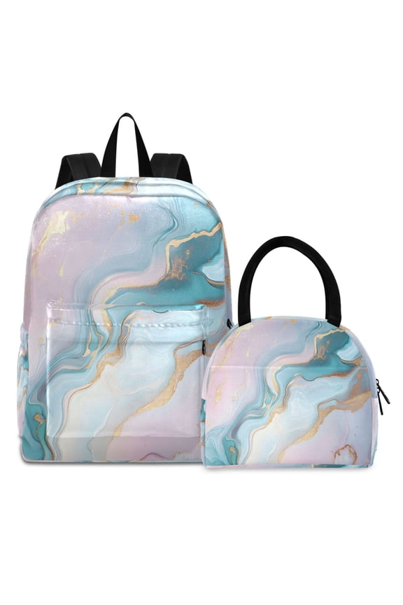 Backpack Set Green Marble Elementary School Bags Student BookBag with Lunch Bag
