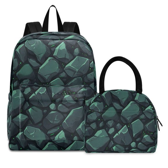 ALAZA Backpack Set Green Texture Stone Elementary School Bags Student BookBag with Lunch Bag