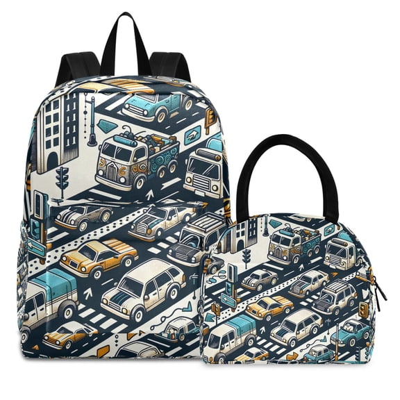 ALAZA Backpack Set Hand Drawn Cars Elementary School Bags Student BookBag with Lunch Bag