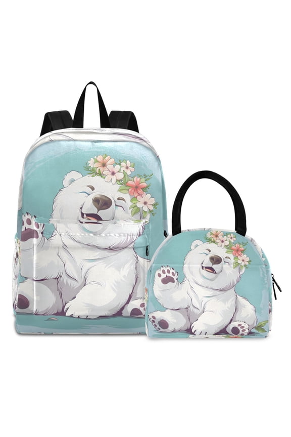 Backpack Set Happy Bear Flower Elementary School Bags Student BookBag with Lunch Bag