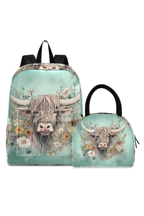 Backpack Set Highland Cattle Floral Elementary School Bags Student BookBag with Lunch Bag