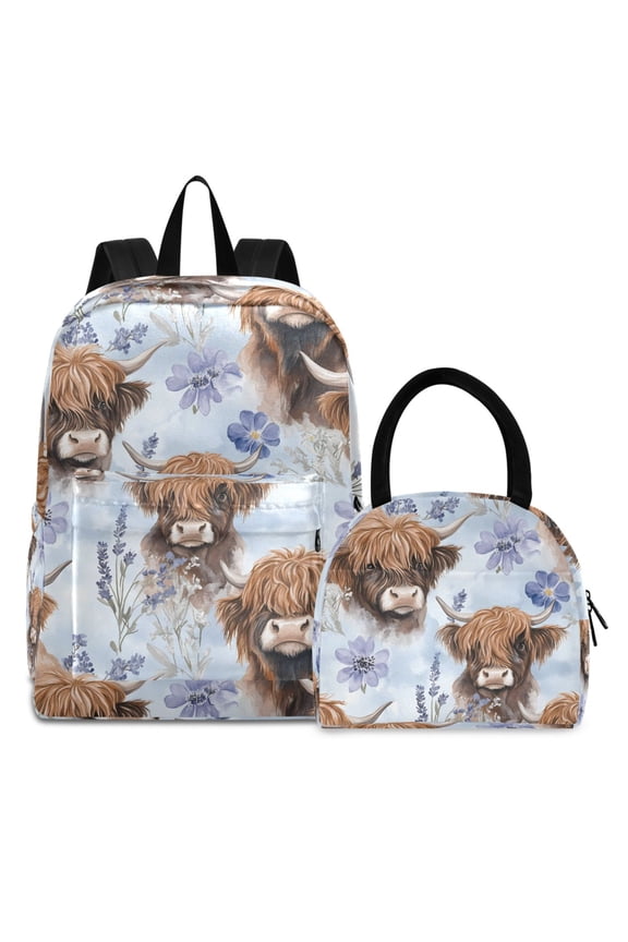 Backpack Set Highland Cattle Flower-w6 Elementary School Bags Student BookBag with Lunch Bag