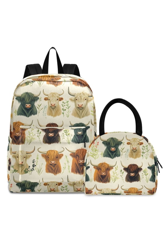 Backpack Set Highland Cattles Elementary School Bags Student BookBag with Lunch Bag
