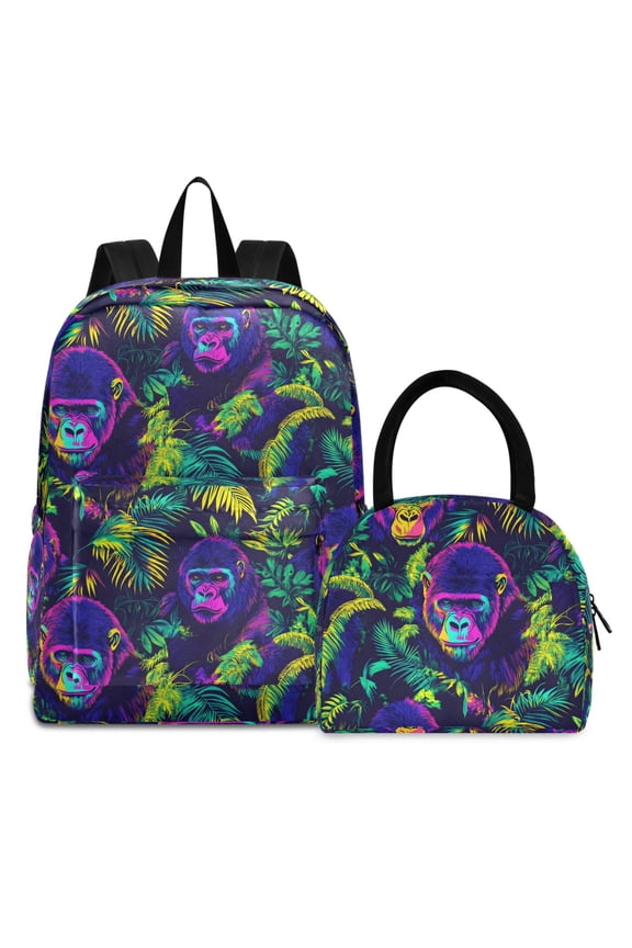 Backpack Set Neon Funny Gorillas Elementary School Bags Student BookBag with Lunch Bag