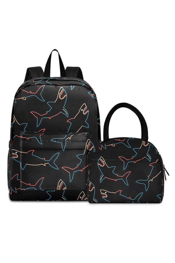 Backpack Set Neon Sharks Line Elementary School Bags Student BookBag with Lunch Bag