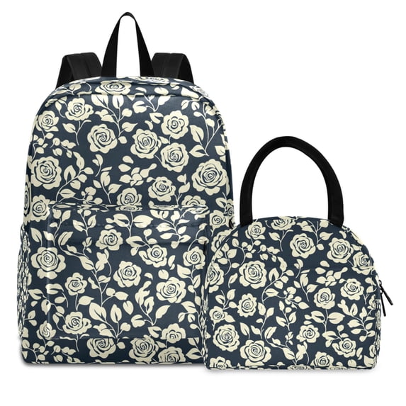 ALAZA Backpack Set Peony Flowers on Black Elementary School Bags Student BookBag with Lunch Bag