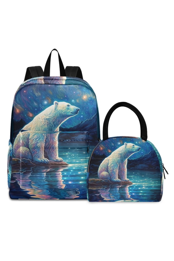 Backpack Set Polar Bear in Night Elementary School Bags Student BookBag with Lunch Bag