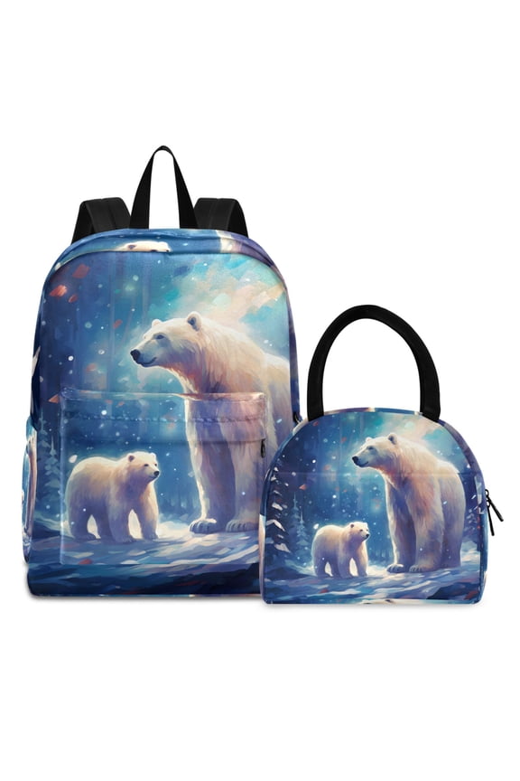 Backpack Set Polar Bear on Winter Elementary School Bags Student BookBag with Lunch Bag