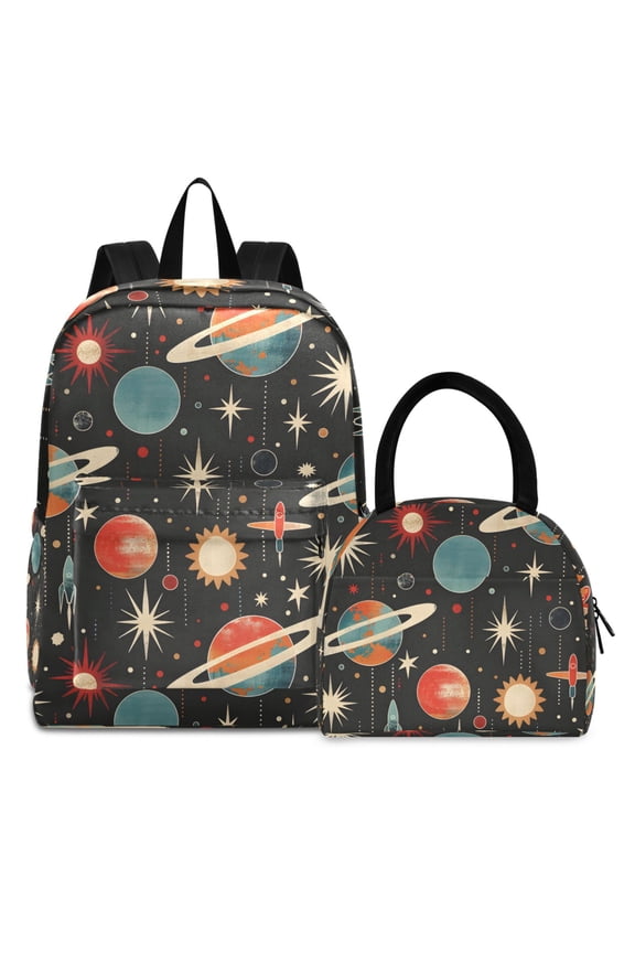 Backpack Set Retro Space Planets Rockets Elementary School Bags Student BookBag with Lunch Bag