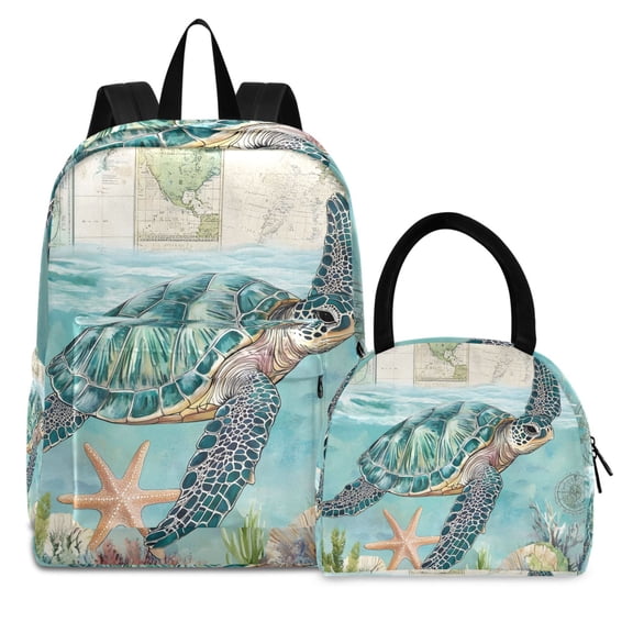 ALAZA Backpack Set Retro Turtle and Map Elementary School Bags Student BookBag with Lunch Bag