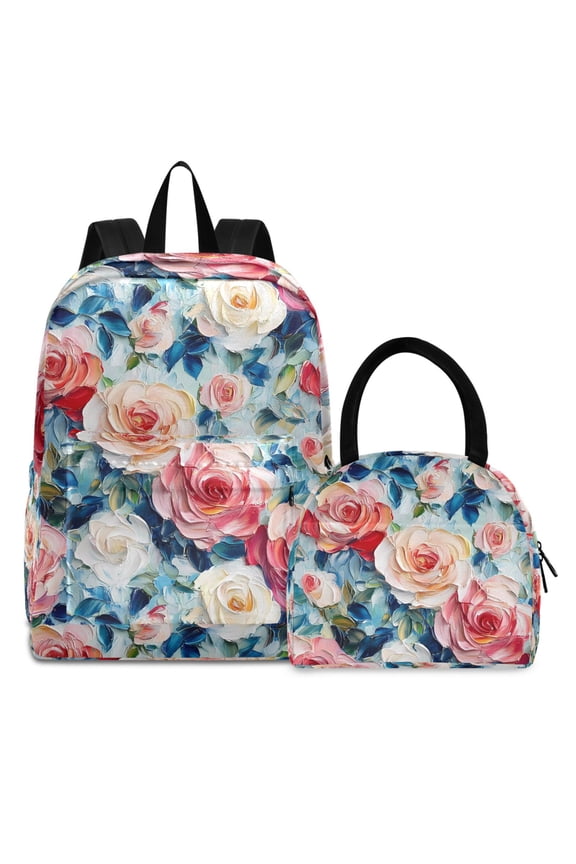 Backpack Set Roses Flower Oil Paint Elementary School Bags Student BookBag with Lunch Bag