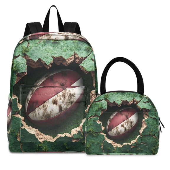 ALAZA Backpack Set Rugby Football in Wall Elementary School Bags Student BookBag with Lunch Bag