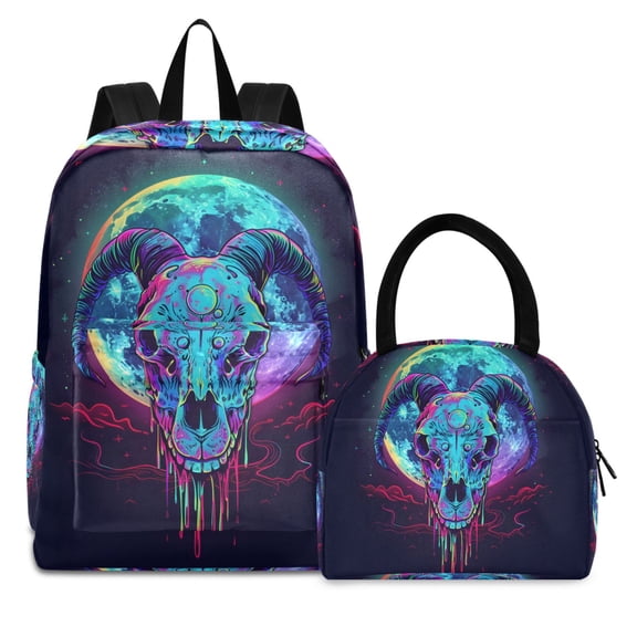 ALAZA Backpack Set Skeleton Goat Moon Elementary School Bags Student BookBag with Lunch Bag