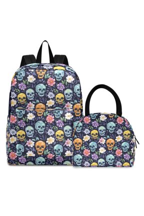 Backpack Set Skull Flowers Daisy Elementary School Bags Student BookBag with Lunch Bag